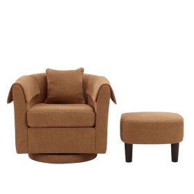 Swivel Accent Chair with Ottoman Set, Modern Chenille Barrel Armchair with Removable Back Pillow & 2 Armrest Covers for Living Room, Bedroom, Off