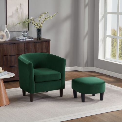 Velvet Accent Chair with Ottoman, Modern Barrel Chair Armchair for Living Room, Green Velvet Accent Chair with Ottoman, Modern Barrel Chair Armchair for Living Room, Green